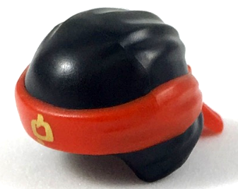 Black Minifigure, Headgear Ninjago Wrap Type 3 with Molded Red Bandana and Knot and Printed Gold Ninjago Logogram Letter H Pattern