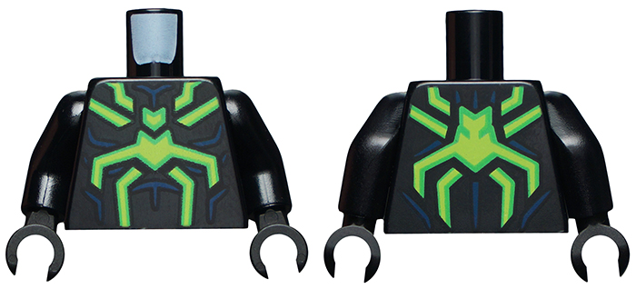 Black Torso Spider-Man Costume, Bright Green and Lime Spider and Dark Blue Muscles Outline Pattern / Black Arms / Black Hands Black Torso Spider-Man Costume, Bright Green and Lime Spider and Dark Blue Muscles Outline Pattern / Black Arms / Black Hands