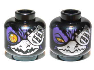 Black Minifigure, Head Dual Sided Alien Chima Raven with Silver Beak, Eye Patch and Dark Purple Feathers, Wide Eye / Narrow Eye Pattern (Rizzo)
