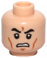 Light Nougat Minifigure, Head Black Eyebrows, Upper Eyelids, Medium Nougat Cheek Lines and Chin Dimple, Open Mouth Scowl with Teeth Pattern