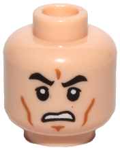 Light Nougat Minifigure, Head Black Eyebrows, Upper Eyelids, Medium Nougat Cheek Lines and Chin Dimple, Open Mouth Scowl with Teeth Pattern