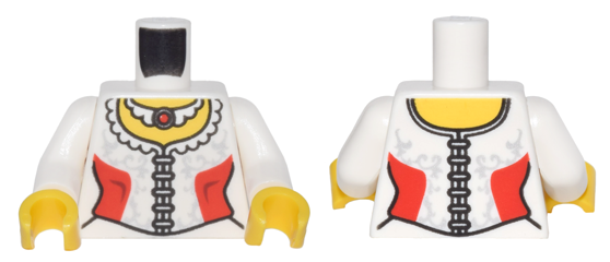 White Torso Female Corset with Ruffled Collar, Red Side Panels, and Light Bluish Gray Filigree, Necklace with Round Jewel, Yellow Neck Pattern / White Arms / Yellow Hands White Torso Female Corset with Ruffled Collar, Red Side Panels, and Light Bluish Gray Filigree, Necklace with Round Jewel, Yellow Neck Pattern / White Arms / Yellow Hands