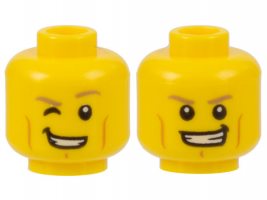 Yellow Minifigure, Head Dual Sided Dark Tan Eyebrows, Medium Nougat Cheek Lines and Chin Dimple, Lopsided Open Mouth Smile with Teeth, Right Eye Winking / Both Eyes Open Pattern