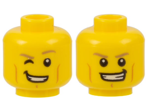 Yellow Minifigure, Head Dual Sided Dark Tan Eyebrows, Medium Nougat Cheek Lines and Chin Dimple, Lopsided Open Mouth Smile with Teeth, Right Eye Winking / Both Eyes Open Pattern